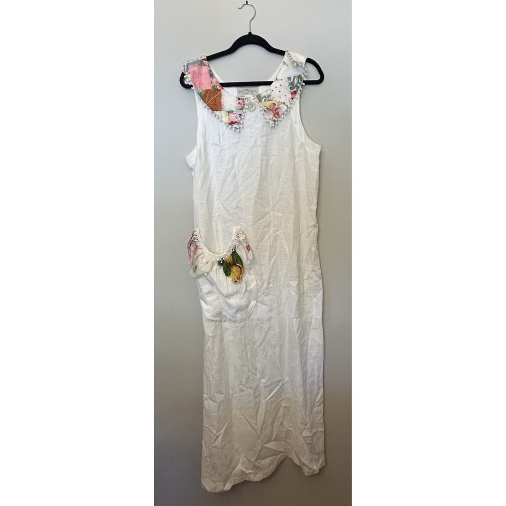 Taylor G Vintage Large 90s Womens White Linen Maxi Dress Handerkerchief Trim